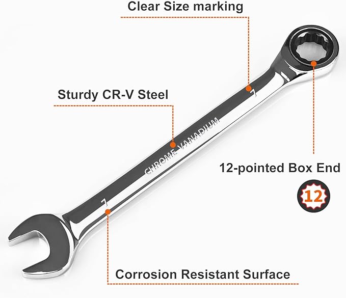 Egofine 7mm Ratcheting Combination Wrench Metric, Industrial Grade Gear Spanner with 12-Point Design, 72-Tooth Ratchet, Chrome Vanadium Steel