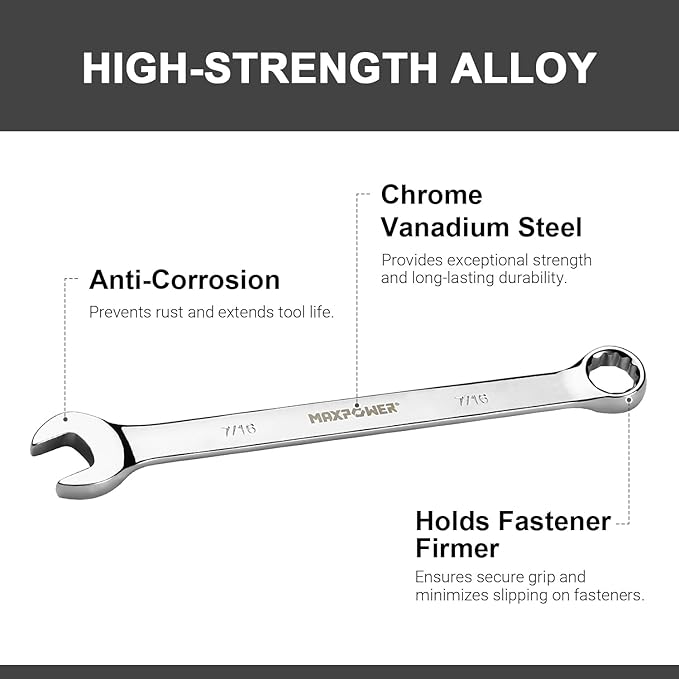 MAXPOWER 7/16 Inch Combination Wrench Set, Professional Open and Box End Spanners with Mirror Finish, Made with Forged and Heat-Treated Cr-V Steel, 12-Point Design