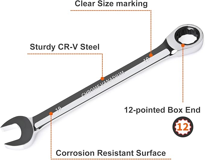 Egofine 19mm Ratcheting Combination Wrench Metric, Industrial Grade Gear Spanner with 12-Point Design, 72-Tooth Ratchet, Chrome Vanadium Steel