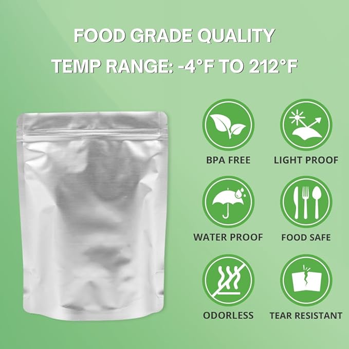 7x10 Inch Aluminum Zipper Mylar Bags, Food Storage Bag with Oxygen Absorbers 300cc and Labels, Smell Proof Pouch, Thick 10 Mil Stand up Pouches, Long Term Food Container Sets 50 Pack