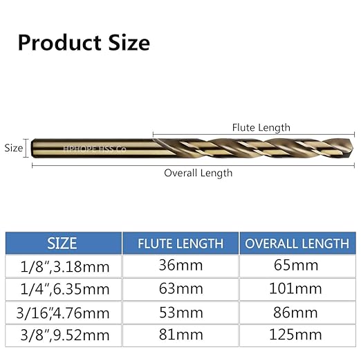 1/4 Inch Cobalt Drill Bits 10Pcs - HPHOPE M35 HSS Metal Twist Drill Bits Set, Jobber Drill Bits Length and Straight Shank, Suitable for Drilling in Hard Metal, Stainless Steel, Cast Iron