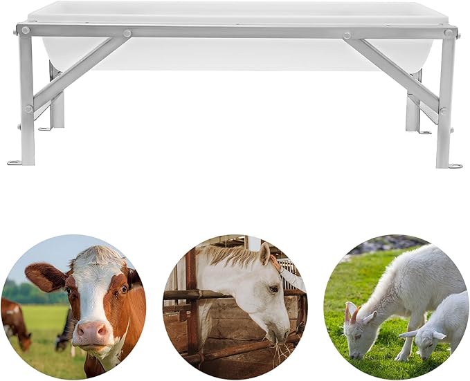 Livestock Feed Trough & Goat Water Trough, 35L/9.25Gal Capacity Long Feeder with Triangular-Structure Stand, Large Capacity Livestock Feeder for Sheep Deer Pigs Horses Cows Farm Use