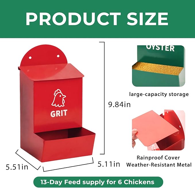 No Waste Chicken Grit and Oyster Shell Feeder 2 Pack, Wall Mounted Metal Poultry Feeders for Coop or Fence, Rustproof Dual Compartments Chicken Feeder for Backyard Flocks
