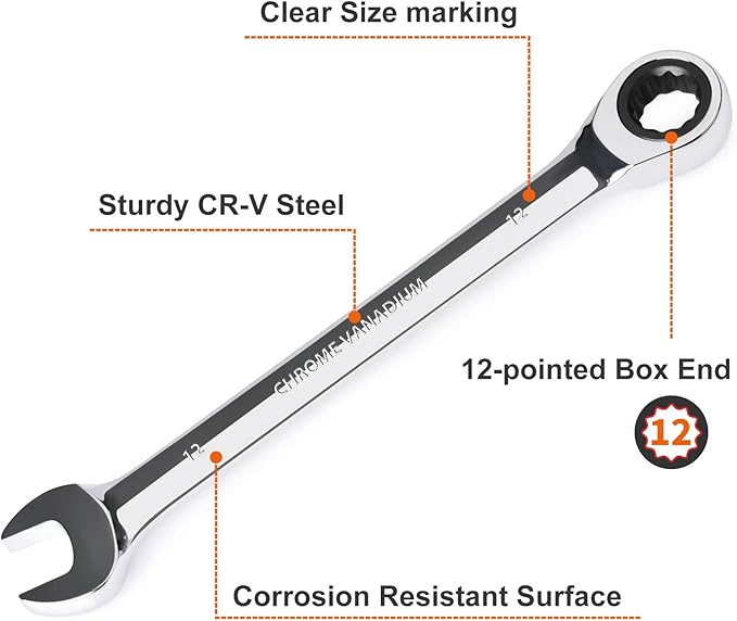 Egofine 12mm Ratcheting Combination Wrench Metric, Industrial Grade Gear Spanner with 12-Point Design, 72-Tooth Ratchet, Chrome Vanadium Steel