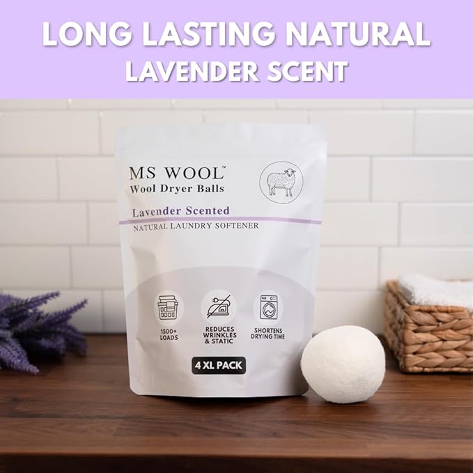 Lavender Scented Wool Dryer Balls – 4 XL Pack – Natural Fabric Softener, Reusable, Reduces Static, Reduces Wrinkles & Shortens Drying Time, Made W/Essential Oil, 100% Pure Wool