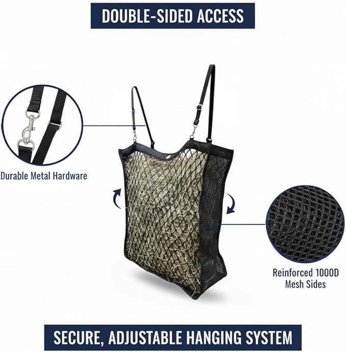 XL Double-Sided Knotless Slow Feed Hay Net – Holds 5–6 Flakes, 2"x2" Openings, Comfortable for Horse Muzzles, 1000D Mesh Side Gussets, Adjustable Hanging Strap, Durable & Safe Design