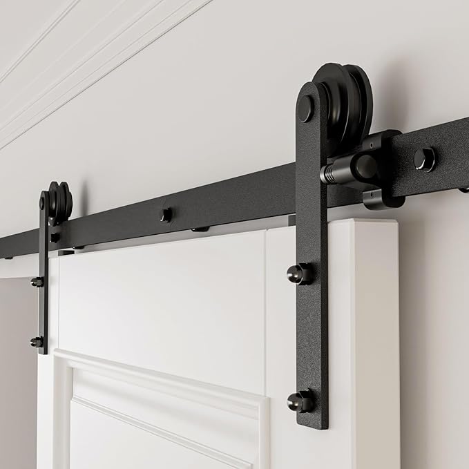 CCJH 8FT Single Sliding Barn Door Hardware Kit Black Carbon Steel Hanger Flat Track System for Closet Kitchen 1 Door 48 inch Wide, Smoothly and Quietly I Shape Roller