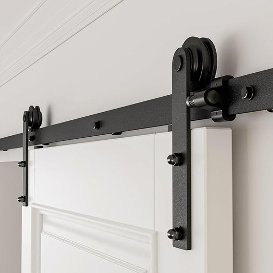 CCJH 8FT Single Sliding Barn Door Hardware Kit Black Carbon Steel Hanger Flat Track System for Closet Kitchen 1 Door 48 inch Wide, Smoothly and Quietly I Shape Roller