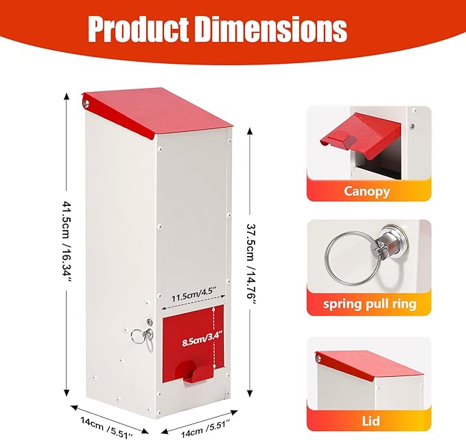 Metal Chicken Feeder No Waste Oyster Shell Feeder 8lbs Hanging Poultry Feeder Automatic Gravity Chicken Food Dispenser with a Lockable Rain Cover