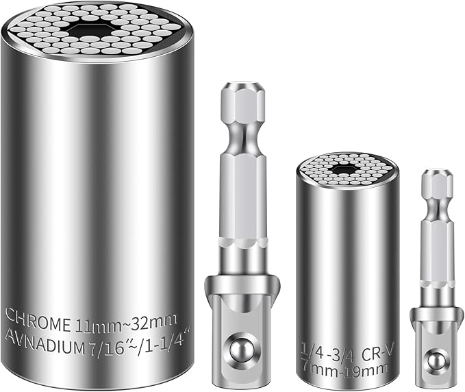 Universal Socket Set (11-32mm 7-19mm) Super Socket for Unscrew Any Bolt Multi-Function Universal Wrench Tool Kit with Power Drill Adapters Gifts for Men, Father/Dad, Husband, DIY Handyman 4PCS