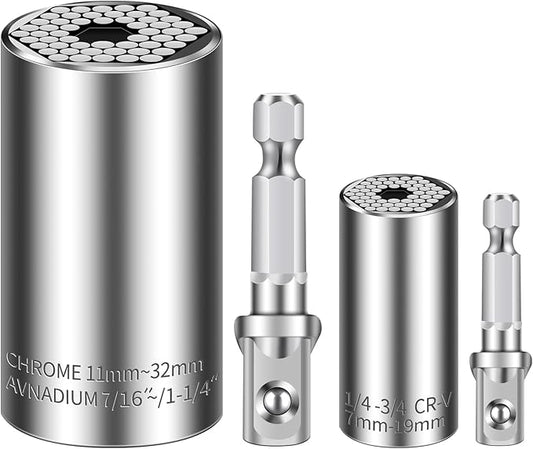 Universal Socket Set (11-32mm 7-19mm) Super Socket for Unscrew Any Bolt Multi-Function Universal Wrench Tool Kit with Power Drill Adapters Gifts for Men, Father/Dad, Husband, DIY Handyman 4PCS