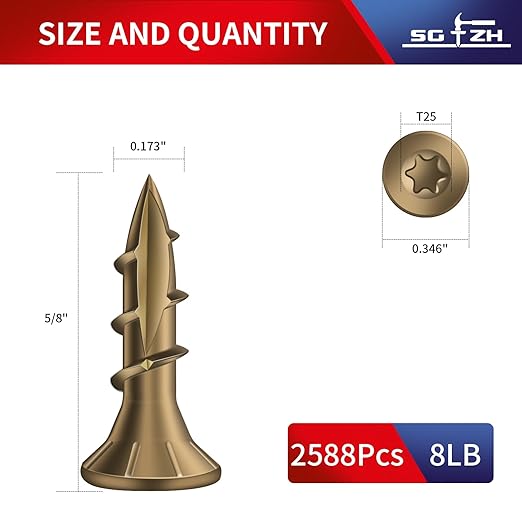 #8 x 5/8" Deck Screws (2588Pcs) 8lb. Carbon Steel, Yellow, Flat Head, Rust Resistant epoxy Coated, with T25 Star Bit
