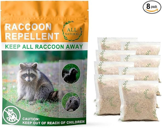 Natural Raccoon Repellent Granules – 8-Pack (25g per Bag) | Eco-Friendly, Non-Toxic & Long-Lasting Protection with Garlic, Peppermint & Wintergreen Oils | Safe for Pets and Children
