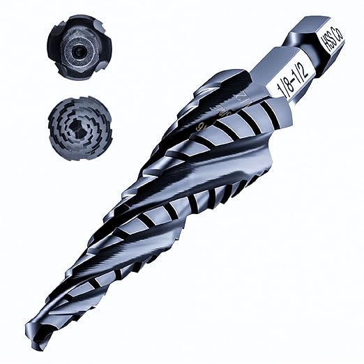toolant Four Spiral Flute Cobalt Step Drill Bit(Pro), 1/8"-1/2" Impact Ready Unibit Step Drill Bit, 1/4" Hex Shank Unibit for Metal, Stainless Steel, Aluminum, Plastic