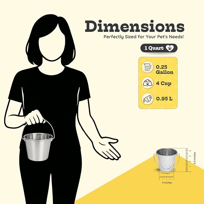 1 quart Heavy Duty Stainless Steel Round Bucket with Handle | 0.25 gal Sturdy Food & Water Bowl for Small Bird Dog Cat & Livestock | Fits kennel Crate Cage Farm | Hanging Utility Pet Pail