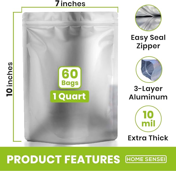 60pcs 1 Quart Mylar Bags for Food Storage - ExtraThick 10 Mil - Smell Proof Mylar bags 1 Quart - Stand-Up Zipper Pouches 7" x 10" - Small Mylar Bags for Food Storage - Heat Sealable