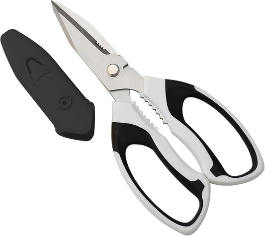 8-Inch Utility Scissors All Purpose Heavy Duty, Serrated Blade, White Comfort Grip for Cutting Carpet, Cardboard, Leather, Fabric, Multipurpose Sharp Shears for Kitchen, Garden, Office, Carft