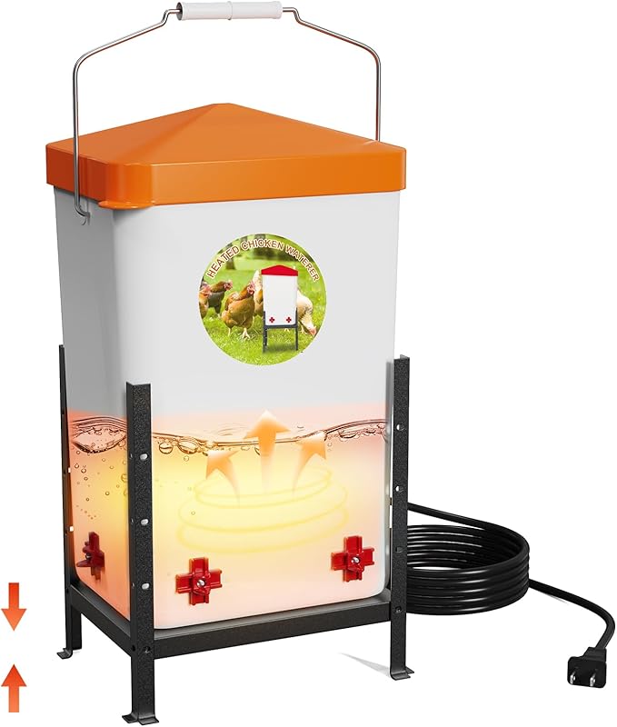 Nexum 3 Gallon Heated Chicken Waterer, Thermostatically Controlled Anti-Freeze Poultry Drinker with 4 Nipples & Adjustable Stand for Winter Coop Accessories (Orange)