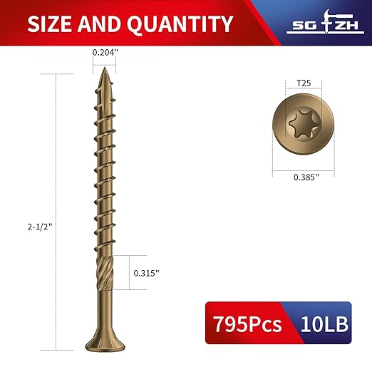 #10 x 2-1/2" Deck Screws (795Pcs) 10lb. Carbon Steel, Yellow, Flat Head, Rust Resistant epoxy Coated, with T25 Star Bit