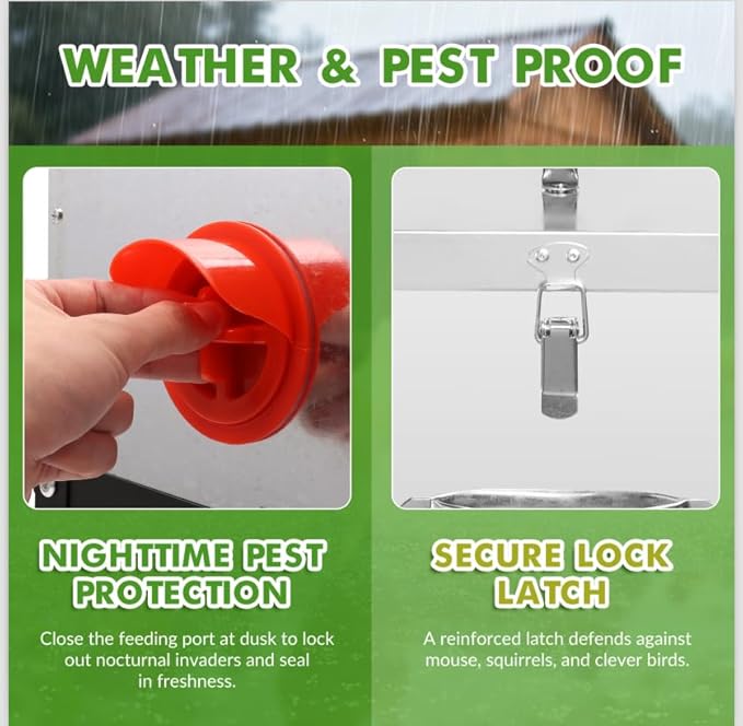 Automatic Chicken Feeder - 40lb 6 Ports Large Capacity Metal Chicken Feeder with Locking Lid and Legs, No Waste Poultry Feeder for Chickens, Ducks, Geese, Turkeys, Quails