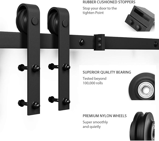 SMARTSTANDARD 9 Feet Heavy Duty Sturdy Sliding Barn Door Hardware Kit-Smoothly and Quietly-Includes Detailed Installation Fit 54" Wide Doorpanel (J Shape Hanger) Black