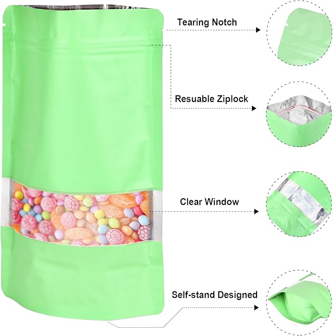 7.1"x10.2" 1 Quart 120pcs Mylar Bags for Food Storage,Smell Proof Bag with Matte Window Resealable Food Storage Bags for Small Business, Stand-up Foil Pouch Packaging Freeze Dried Bag(Light Green)