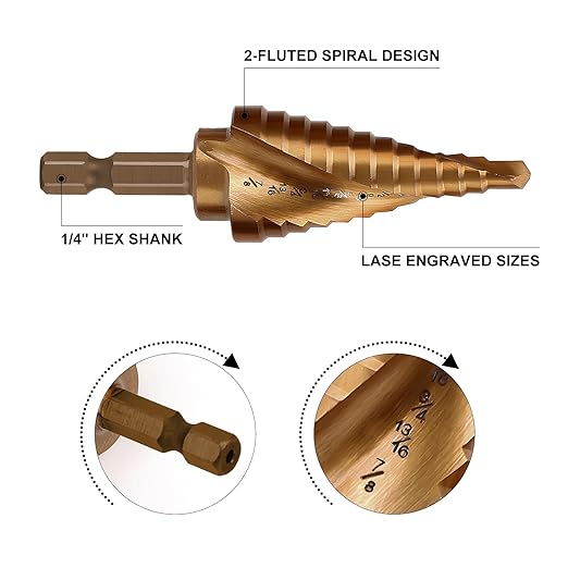 COMOWARE 3PCS M35 Cobalt Step Drill Bit Set with 1/4" Hex Shank, Automatic Center Punch, Two-Flute Impact Design, Ideal for Metal, Stainless Steel, Wood, Plastic