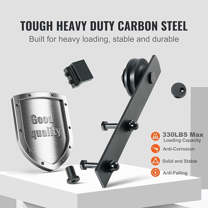 VEVOR 8FT Double Door Sliding Hardware Set, Supports up to 330LBS, Compatible with 3.7-4.3FT Width & 1.3"-1.8" Thickness Door Panels, Includes Quiet I-Shaped Rollers