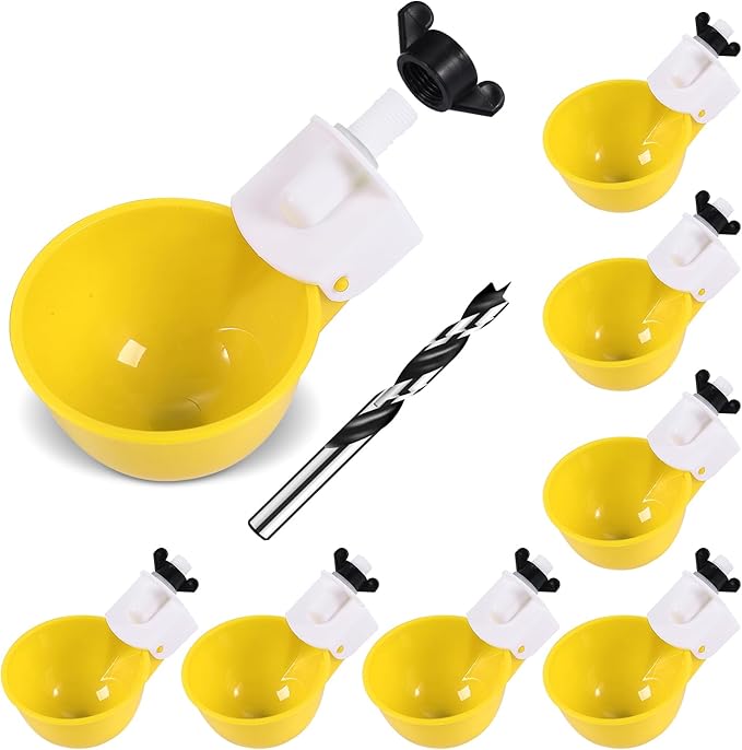 Chicken Waterer Cups (8 Pack/Yellow) - DIY Automatic Large Chicken Water Feeder for Ducks,Chicks, Turkeys, Quail, Bunny, Bird and Other Various Poultry Dispenser with Matching Drill