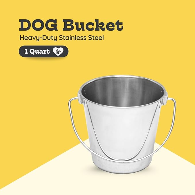 1 quart Heavy Duty Stainless Steel Round Bucket with Handle | 0.25 gal Sturdy Food & Water Bowl for Small Bird Dog Cat & Livestock | Fits kennel Crate Cage Farm | Hanging Utility Pet Pail
