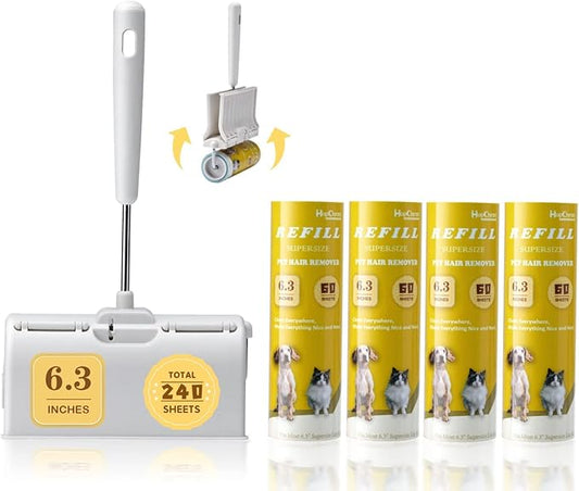 Large Surface Lint Roller Extra Sticky with Dust-Proof Cover 6.3'' Wider 240 Sheets/4 Refills, Pet Dog & Cat Hair Remover for Furniture Clothes Carpet Floor Car, A Great Sticky Tape Roller