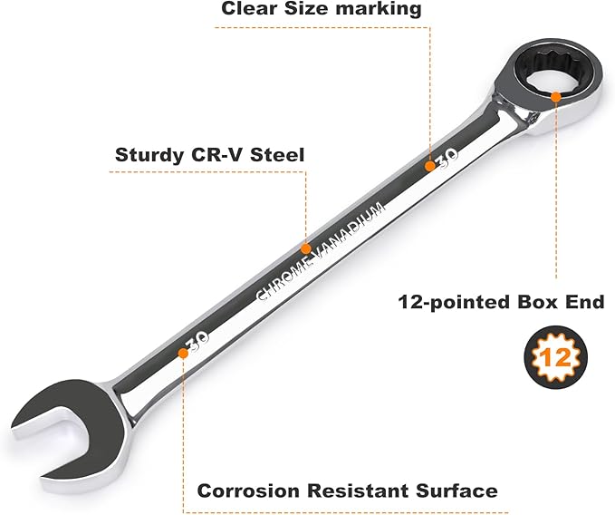 Egofine 30mm Ratcheting Combination Wrench Metric, Industrial Grade Gear Spanner with 12-Point Design, 72-Tooth Ratchet, Chrome Vanadium Steel