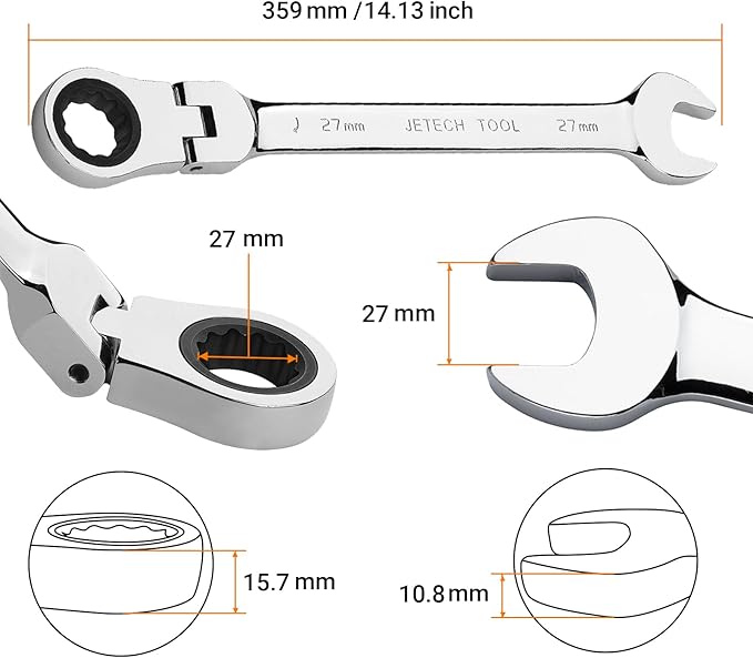 Jetech 27mm Ratchet Wrench Flex Head: Box End Wrench 12Pt| Metric Ratcheting Combination Chrome Vanadium,Forged, Extra Durability