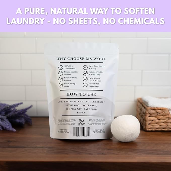 Lavender Scented Wool Dryer Balls – 4 XL Pack – Natural Fabric Softener, Reusable, Reduces Static, Reduces Wrinkles & Shortens Drying Time, Made W/Essential Oil, 100% Pure Wool