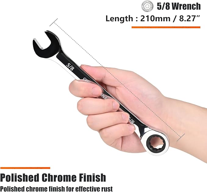 Egofine 5/8 inch Ratcheting Combination Wrench SAE, Industrial Grade Gear Spanner with 12-Point Design, 72-Tooth Ratchet, Chrome Vanadium Steel
