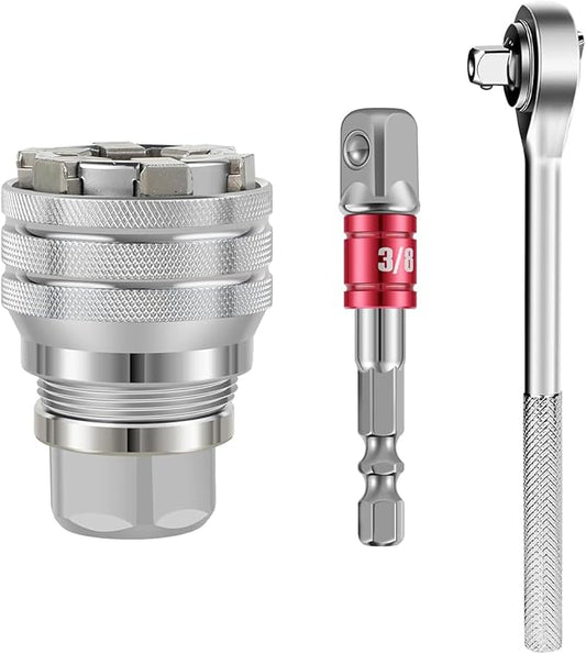 3pcs Adjustable Universal Socket Wrench Multifunction Drill Adapter Multi-Function ith3/8" to 3/4" 10mm-19mm Universal Maintenance Socket With 3/8" Drive Ratchet Torque Wrench & Power Drill