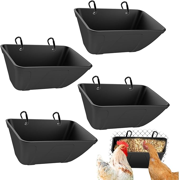 Chicken Feeder Hanging Feed Trough Waterer Bucket for Duck Goose Goat Sheep Dog Poultry & Small Livestock in Coop & Farm Goat Supplies Feeder (4, Black)