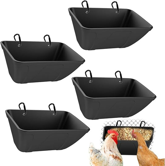 Chicken Feeder Hanging Feed Trough Waterer Bucket for Duck Goose Goat Sheep Dog Poultry & Small Livestock in Coop & Farm Goat Supplies Feeder (4, Black)