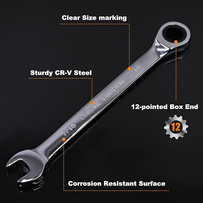 Egofine 15-piece SAE Ratcheting Wrench Set, SAE 1/4" to 1" Chrome Vanadium Steel, 12-Point, 72-Teeth Open End and Box End Combination Tool with a Roll Up Storage Bag
