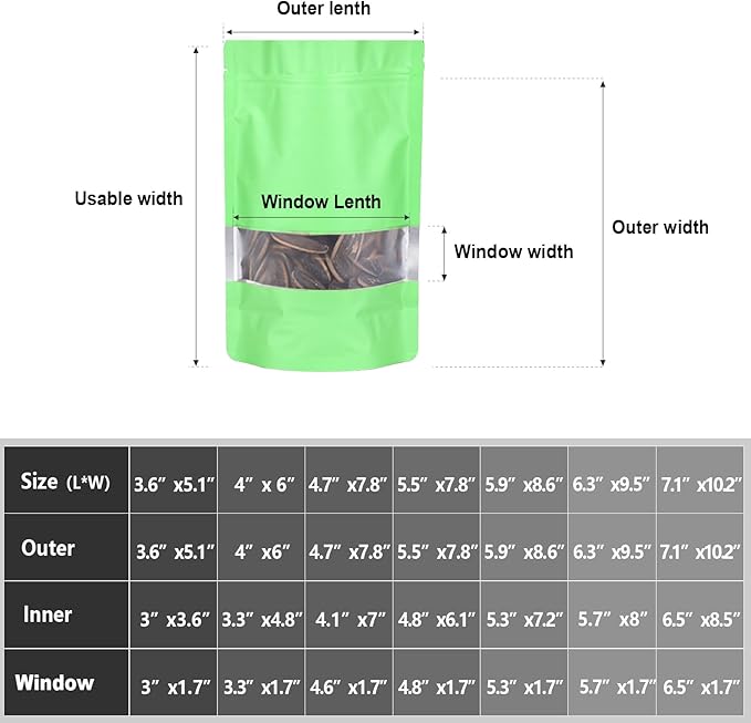 4.7"x7.8" 120pcs Mylar Bags for Food Storage,Smell Proof Bag with Matte Window Resealable Food Storage Bags for Small Business, Stand-up Foil Pouch Packaging Freeze Dried Candy Bag(Light Green)