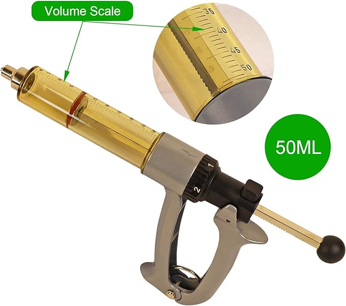 50ML Semi Automatic Livestock Syringe, 5 Gears Adjustable Continuous Repeating Luer Lock Syringe for Farm Ranch Cattle Cow Horse Goat Sheep Hog