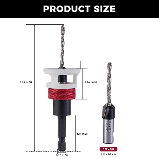 Countersink Drill Bit, 1/8" x3/8" Carbide Tipped Drill Bits with Depth Stop, 1/4" Quick Change Hex Shank Countersink Drill with Replaceable HSS Pilot Drill Bit for Plastic, Woodworking