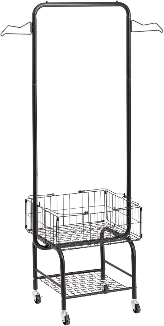 ALIMORDEN Laundry Cart with Clothes Rack, Cart with Extra Hanging Bar, Rolling Laundry Butler with Wire Storage Rack，Black