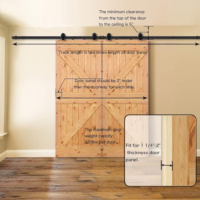 CCJH 4FT Sliding Barn Door Hardware Kit, Heavy Duty, Smoothly and Silently, Easy to Install, Fit 12" Width Double Door Panel, T-Shaped Style Black