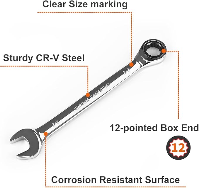 Egofine 3/8 inch Ratcheting Combination Wrench SAE, Industrial Grade Gear Spanner with 12-Point Design, 72-Tooth Ratchet, Chrome Vanadium Steel