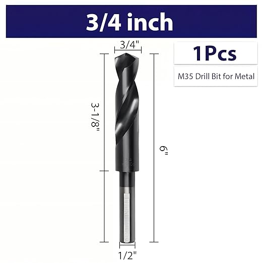 3/4 Inch Drill Bit for Metal - Industrial Grade M35 Cobalt Titanium Aluminum Nitrite with 3-Flat Shank, 3/4" Diameter & 6-1/2" Total Length for Drilling into Steel, Iron, Aluminum and Hard Metals