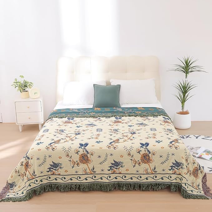 Boho 100% Organic Cotton Muslin Large Throw Blanket 60" x 80" - All Season Rustic Ultra Soft Breathable Floral Bird Blanket for Bed Sofa Couch Chair Bedspread Quilt Gift,-Teal,Beige