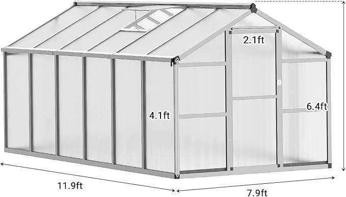 8x12 FT Greenhouse, Easy Assembly Aluminum Polycarbonate Greenhouses for Outdoors with Roof Vent, Large Aluminum Walk-in Greenhouse for Sunroom Patio, Backyard, Garden, Sliding Lockable Door, Silver