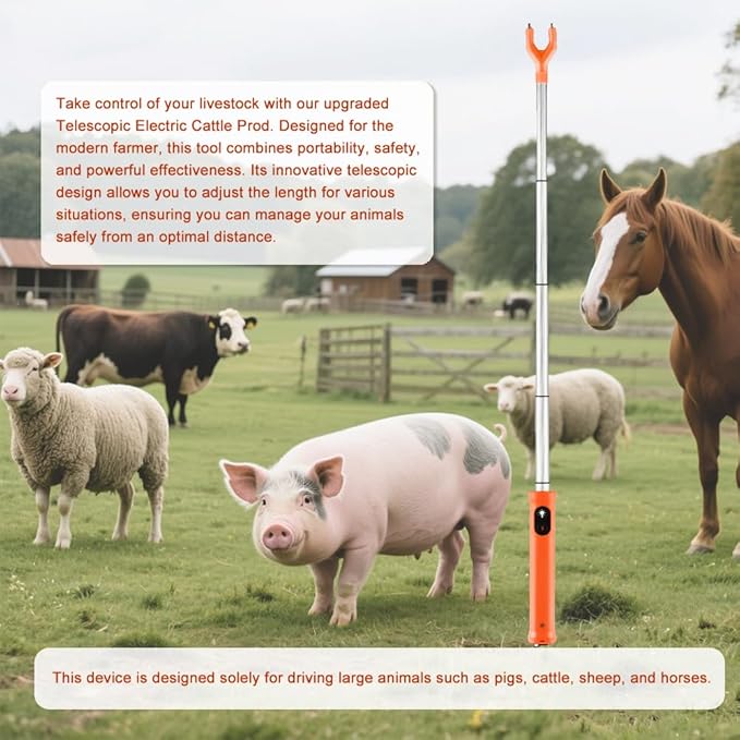 BODISEINT Rechargeable Cattle Prod with LED Light – 38 Inch Waterproof Electric Livestock Prod for Cows, Pigs, Goats, Dogs – Retractable Shaft, Lightweight, Woman Self Defense Tool