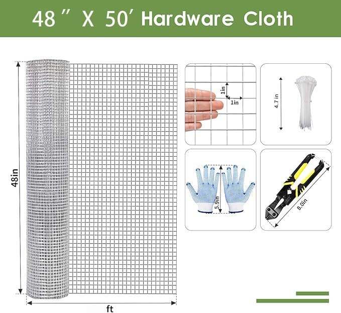 Tongmo Hardware Cloth, Chicken Wire Fencing, 19 Gauge Galvanized Wire & 1"x1" Mesh Size Welded Wire Roll Garden Fence, Poultry Netting for Rabbit/Duck/Chicken Coop (48" x 50')